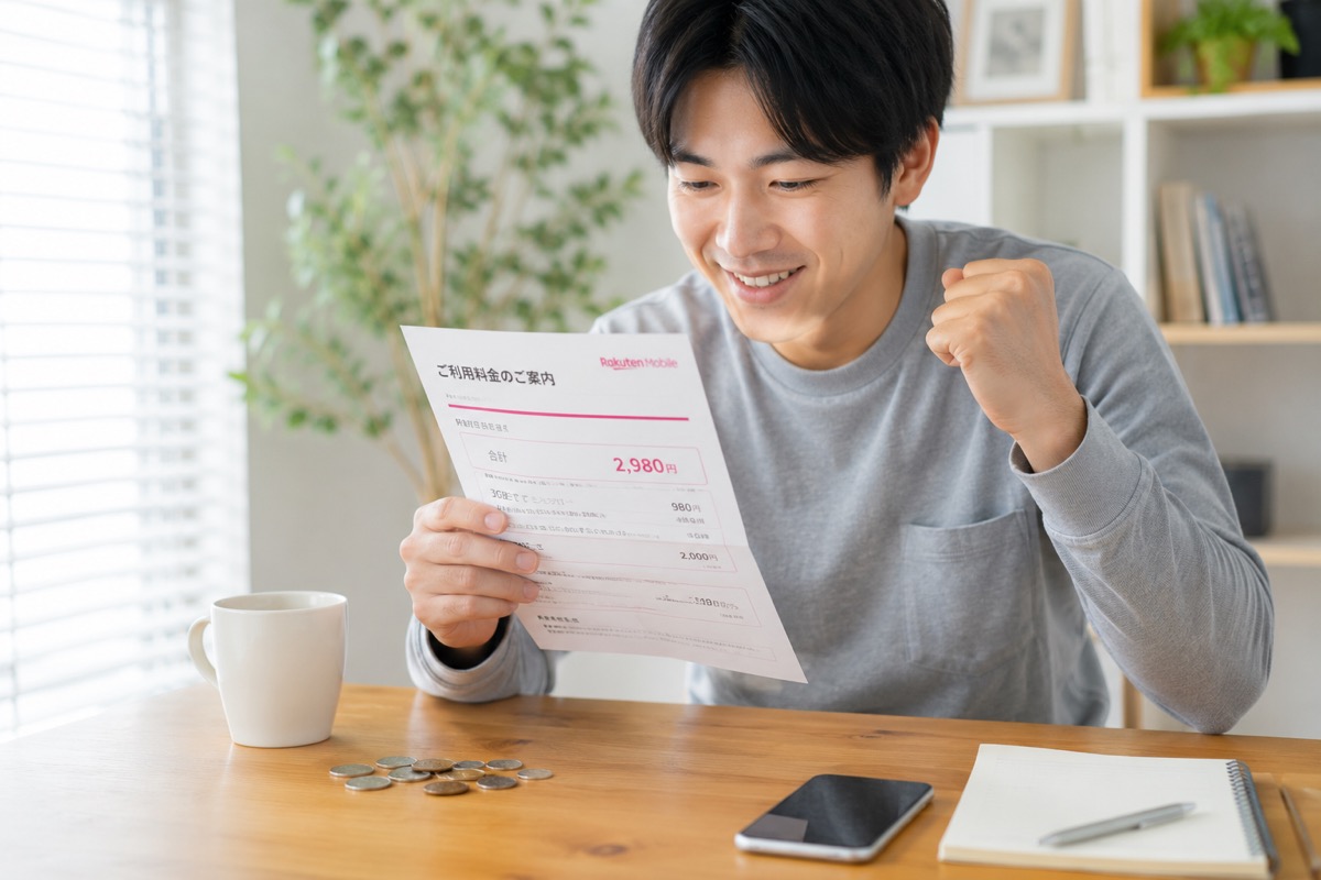 楽天モバイルの利用料金案内2980円を見てガッツポーズする男性