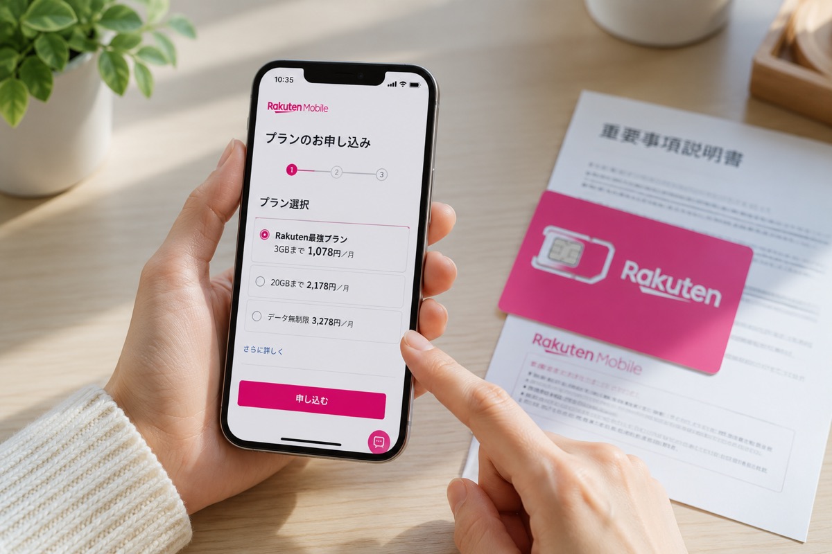 スマホに表示された楽天モバイルのプラン申し込み画面とSIMカード