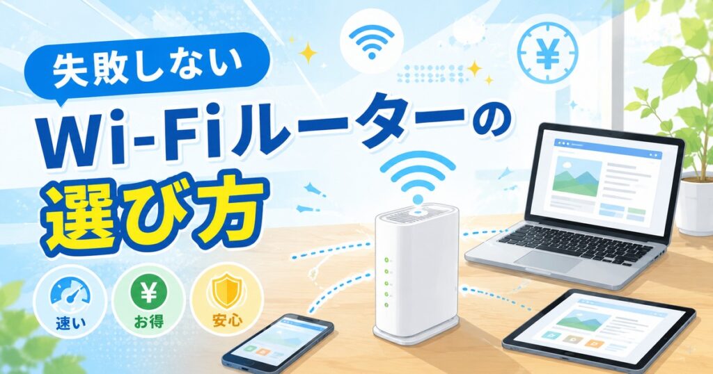 白いWi-FiルーターとノートPC・スマホ・タブレットを並べたイラスト。失敗しないWi-Fiルーターの選び方の文字入り