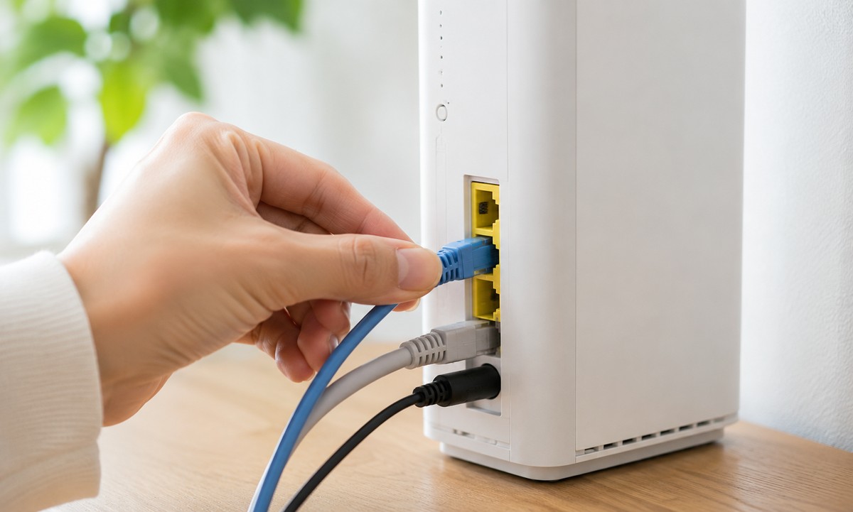 白いWi-Fiルーター背面のLANポートに青いLANケーブルを挿し込む手元のアップ