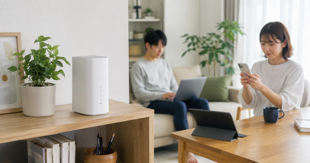 明るいリビングの棚の上に置かれた白いWi-Fiルーター。奥で夫婦がノートパソコンとスマホを使っている
