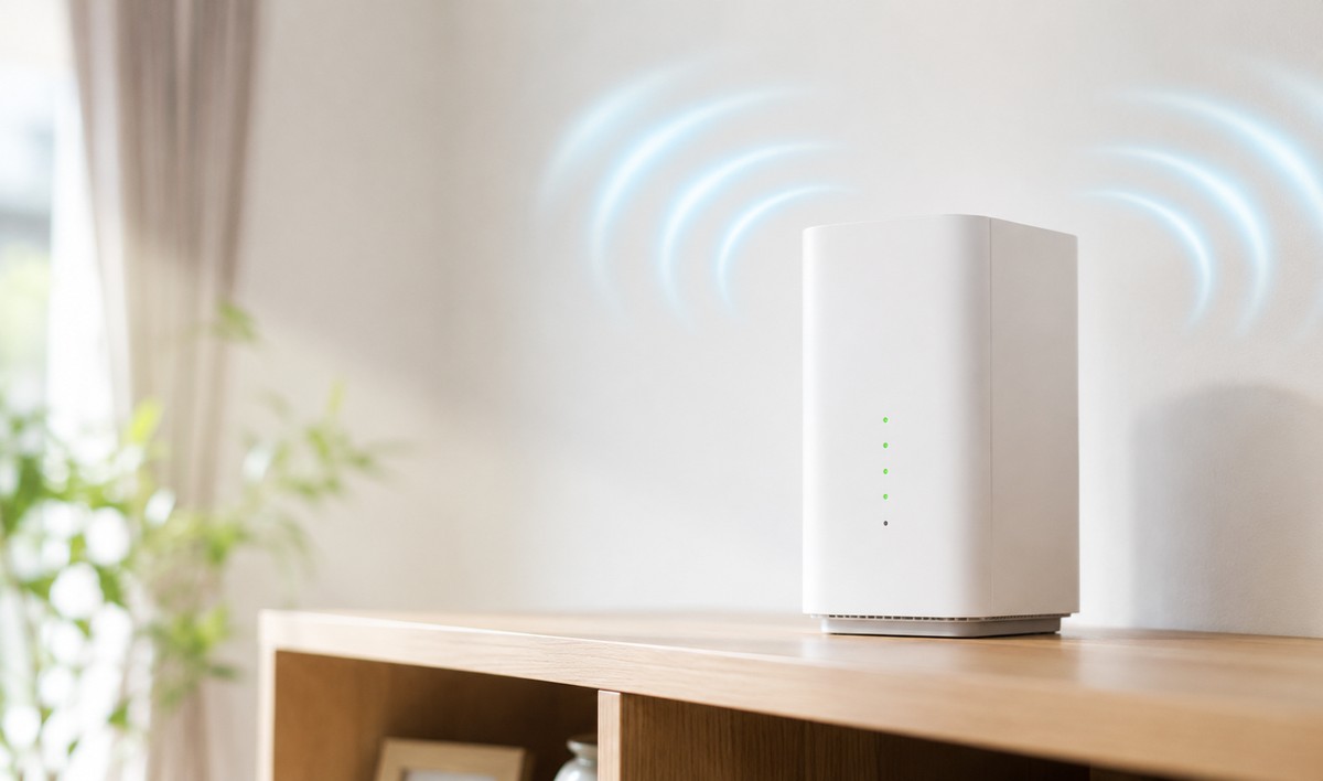 棚の上に置かれた白いWi-Fiルーターから青い電波が部屋全体に広がるイメージ