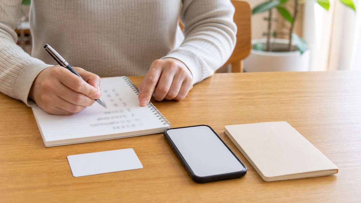 カードと通帳とスマホを並べて手続きの順番をノートに書き出している手元
