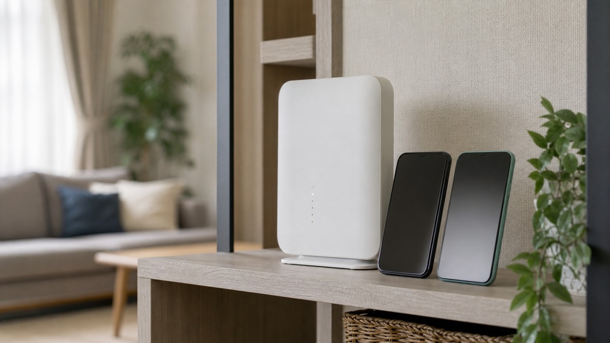 自宅の光回線ルーターとスマホを並べて通信をまとめるイメージ