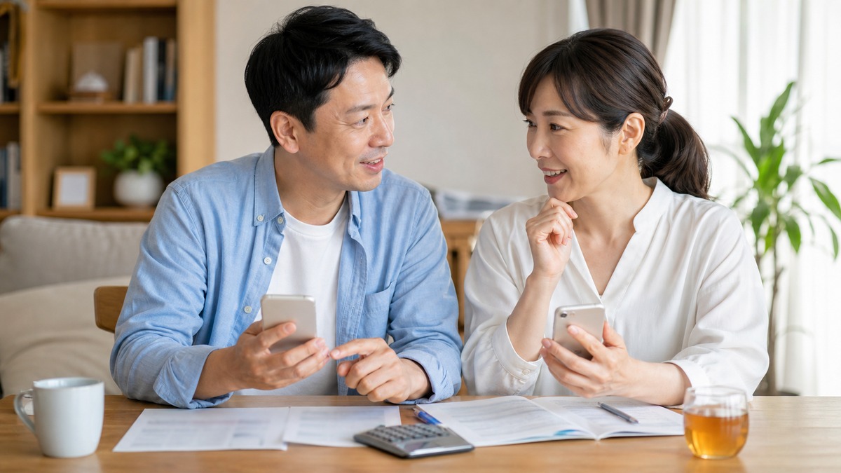 夫婦でスマホ2台と光回線の固定費を試算している様子