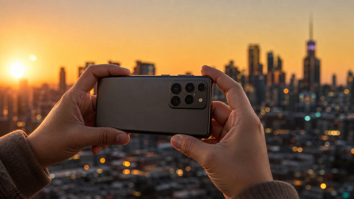 夕暮れの街をスマートフォンのカメラで撮影する手元