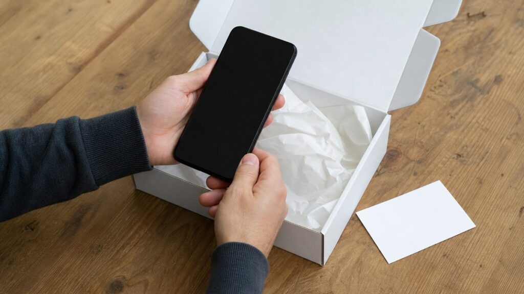 中古スマートフォンを箱から取り出して確認する手元