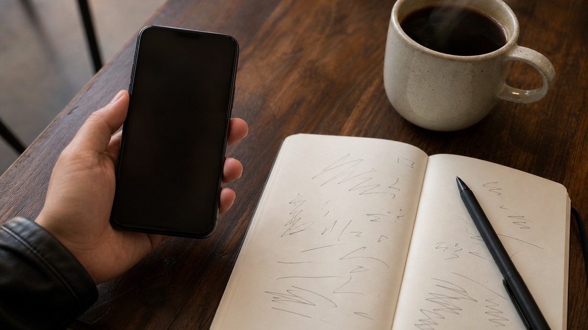 スマートフォンとノートで購入前の評判を調べている机まわり