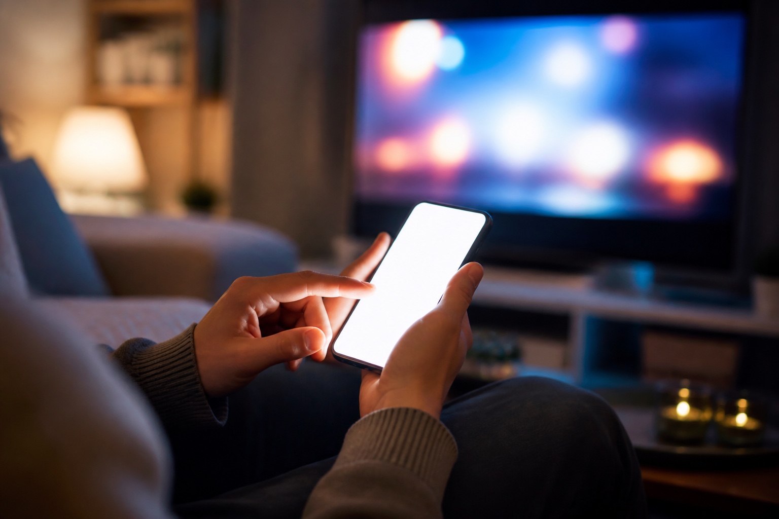 ソファでスマートフォンを操作しながら動画配信サービスを選ぶ様子