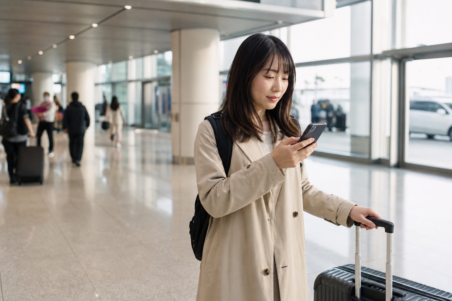 韓国の空港に到着してスマートフォンを確認する日本人旅行者
