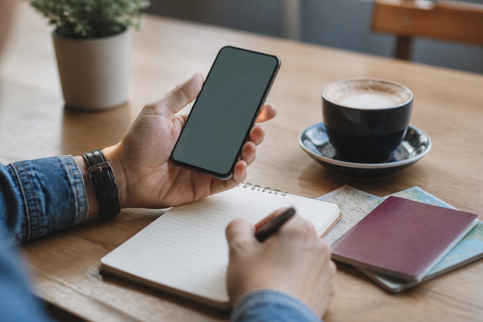 出発前にカフェでスマートフォンを見ながら旅行の通信手段を比べている手元