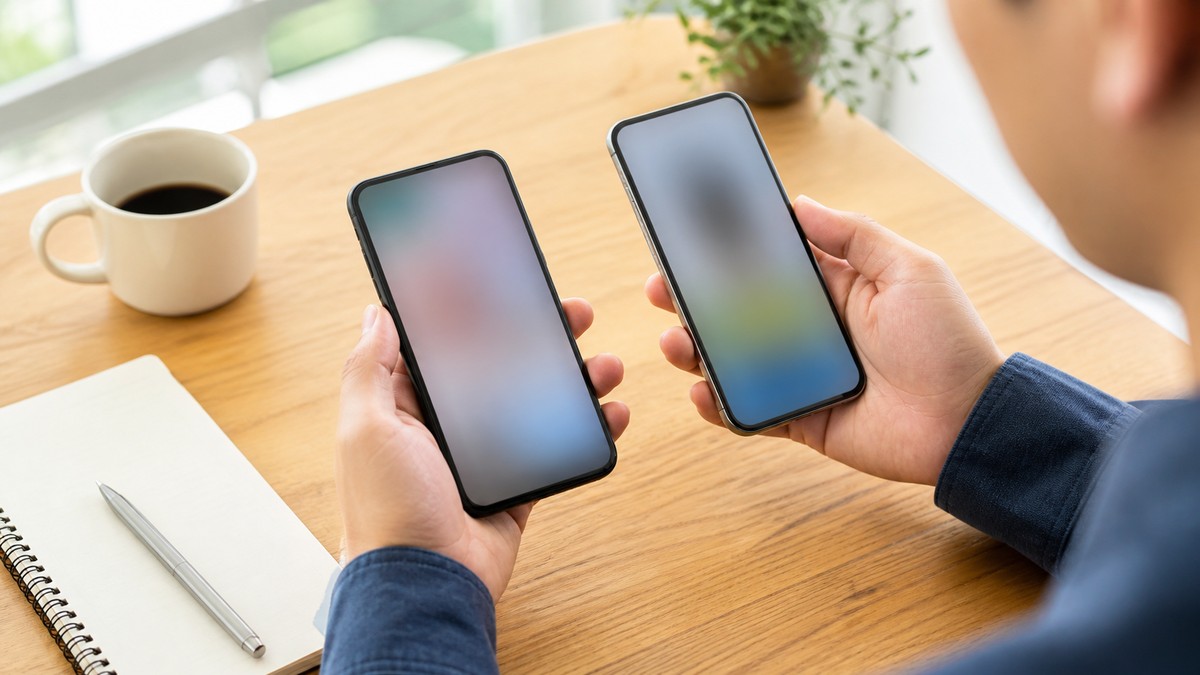 2台のスマートフォンを並べて料金プランを比べる日本人の手元
