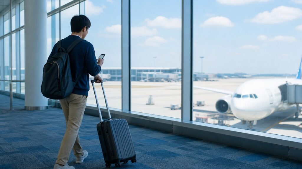 空港の出発ロビーでスーツケースを引きながらスマホを確認する旅行者