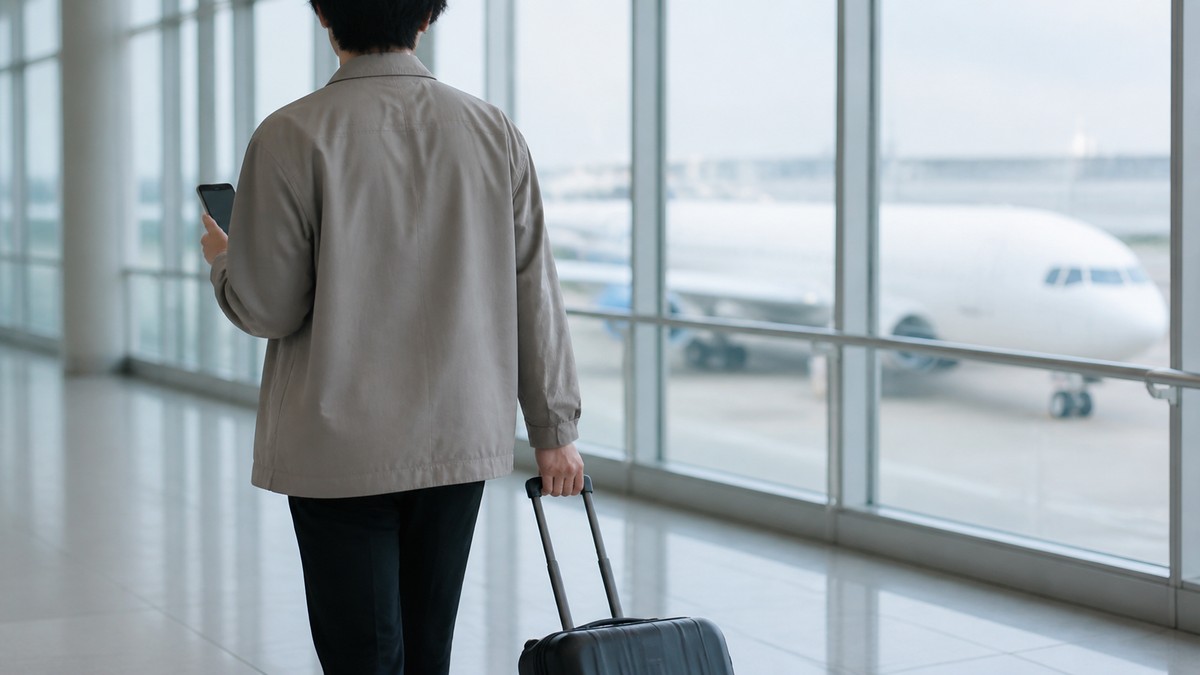 空港の出発ロビーでスーツケースを引きながらスマホを確認する日本人旅行者