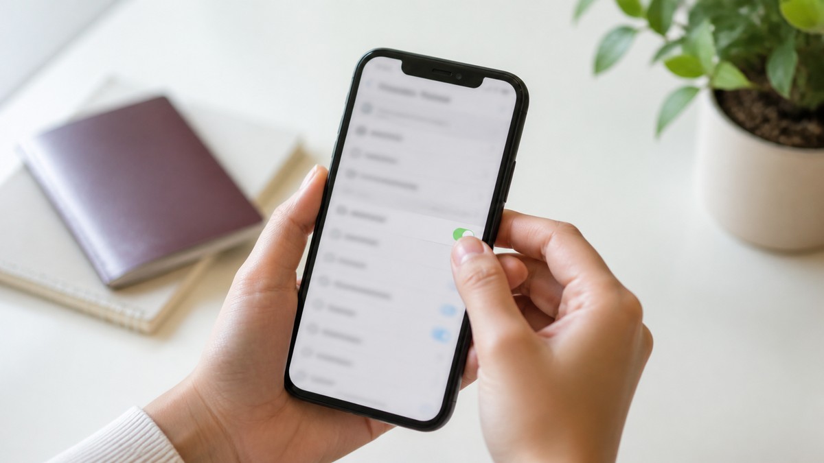 両手でスマートフォンの設定画面を操作する手元のクローズアップ