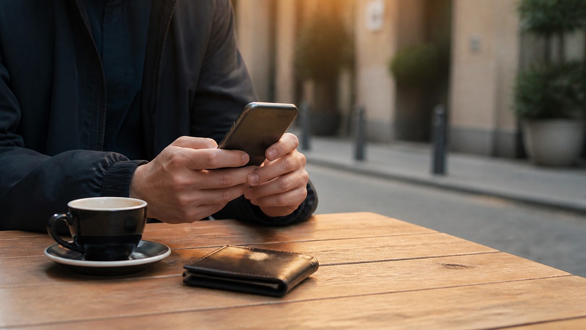 海外のカフェのテーブルでスマホと財布を並べて画面を確認する日本人旅行者