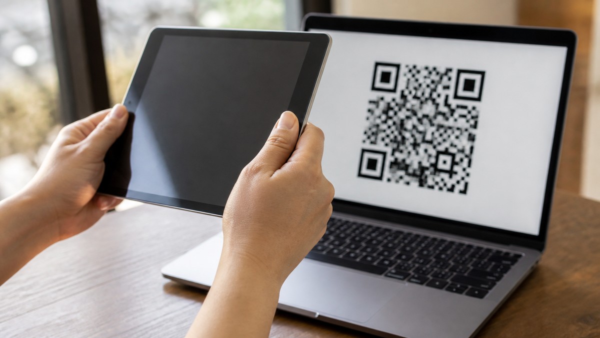 パソコンに表示したQRコードをタブレットで読み取る様子