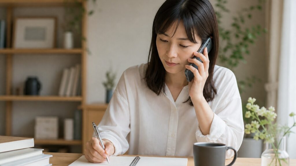 日本人がメモを取りながらスマートフォンで通話する様子