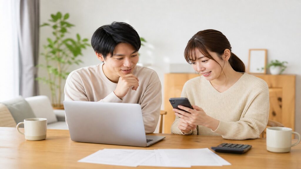 家族で通信費のプランを見比べている様子