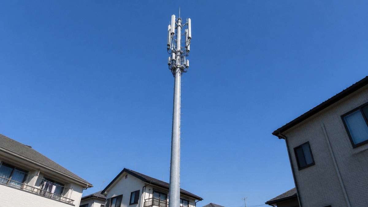 街なかに立つ通信用アンテナ鉄塔を見上げたようす