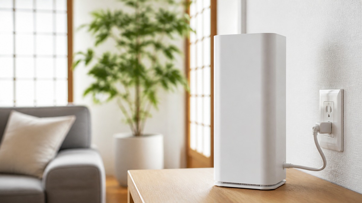 リビングのコンセント脇に置かれた白いホームルーター