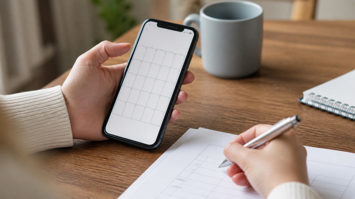 スマホのカレンダーに予定を入れながら書類を確認する手元