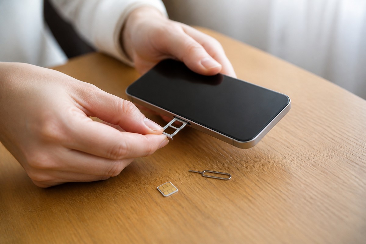 SIMカードとスマートフォンを並べた手元の写真