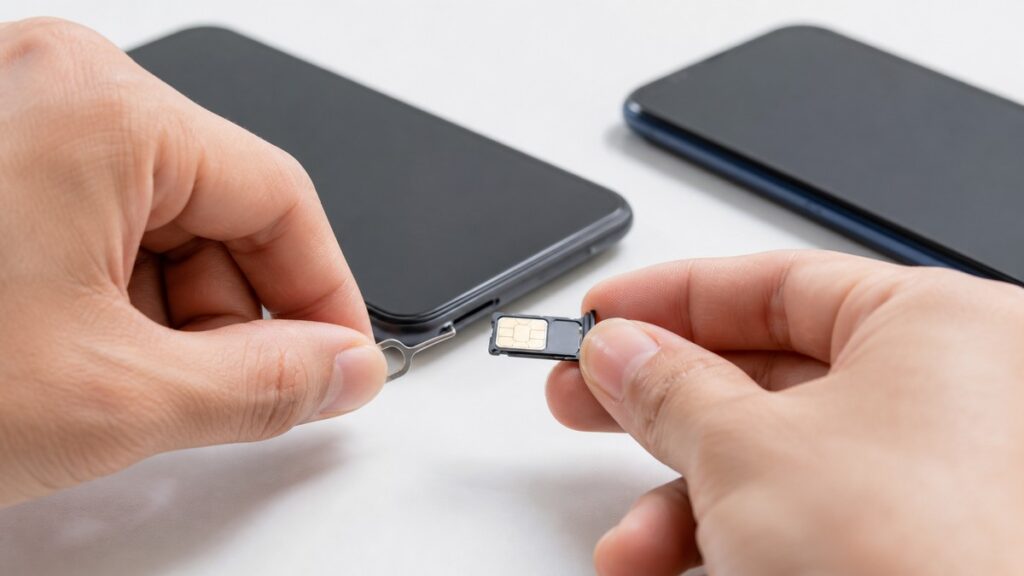 スマホのSIMトレーを開けてSIMカードを差し替えている手元