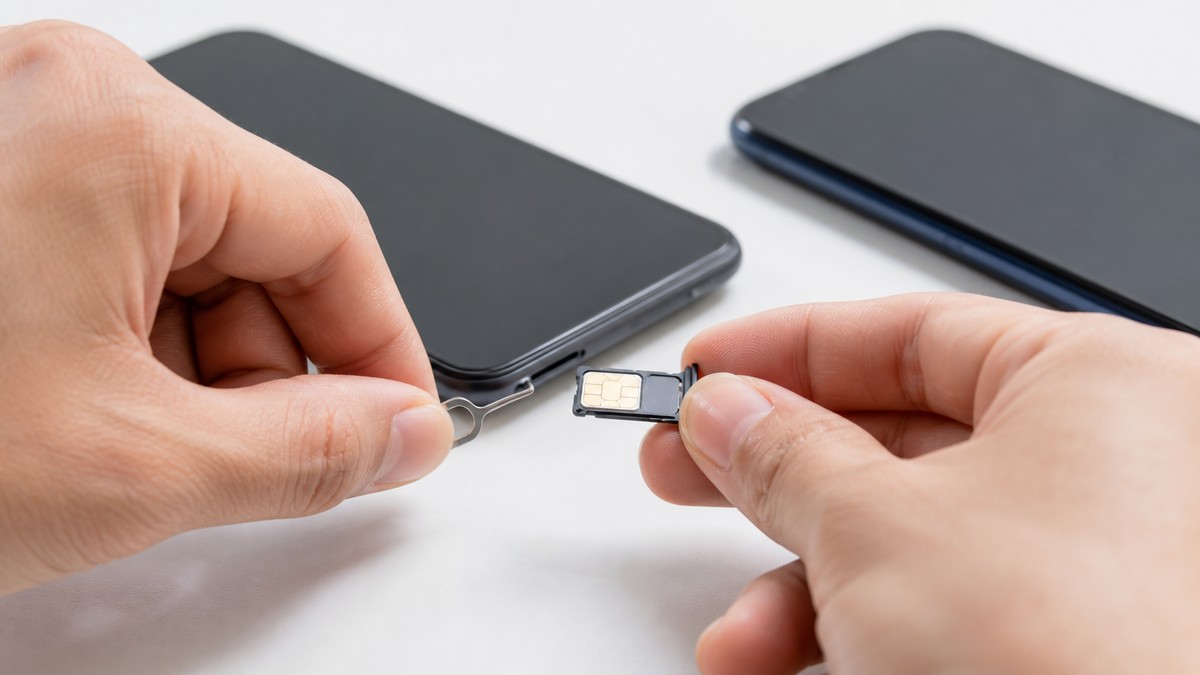 スマホのSIMトレーを開けてSIMカードを差し替えている手元