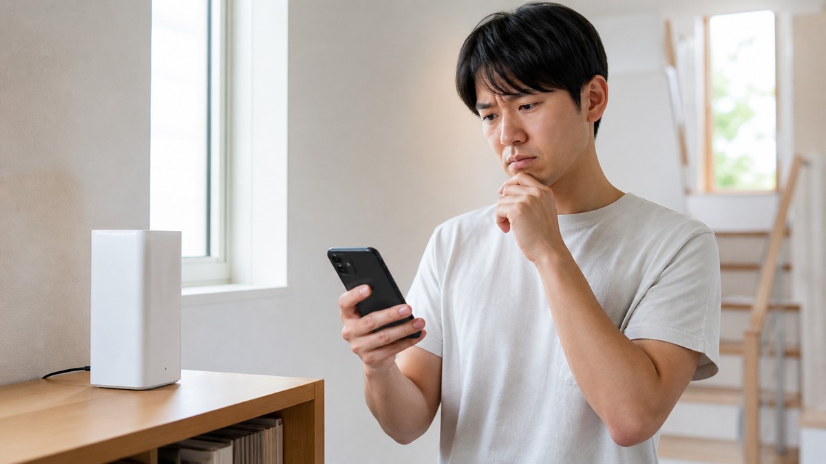 戸建ての2階でスマホの電波が弱く困っている様子