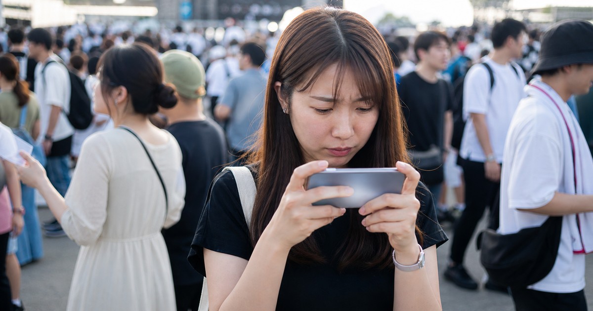 人混みの中でスマホがつながらず困っている様子