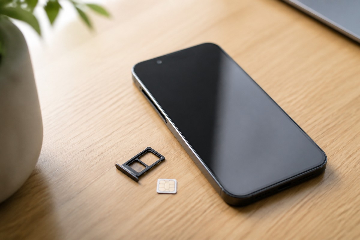 スマートフォンとSIMカードを並べた手元の写真