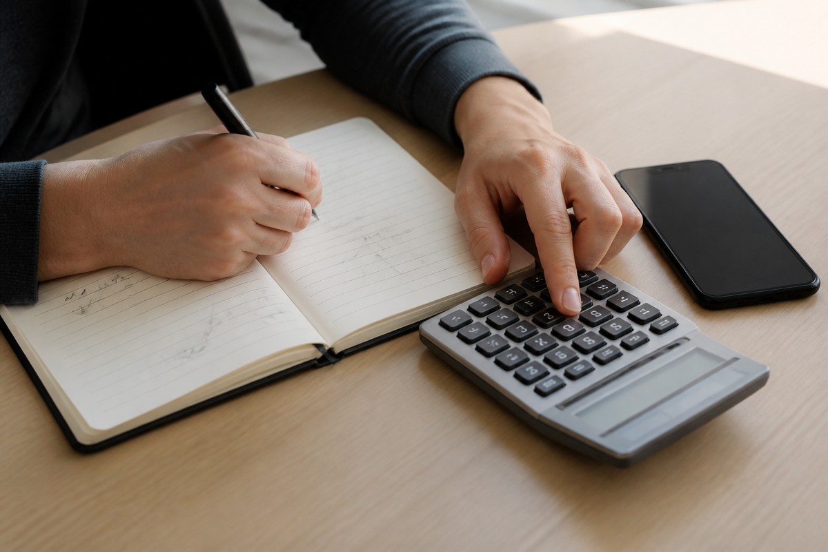 電卓とスマホで毎月の通信費を計算している手元の写真