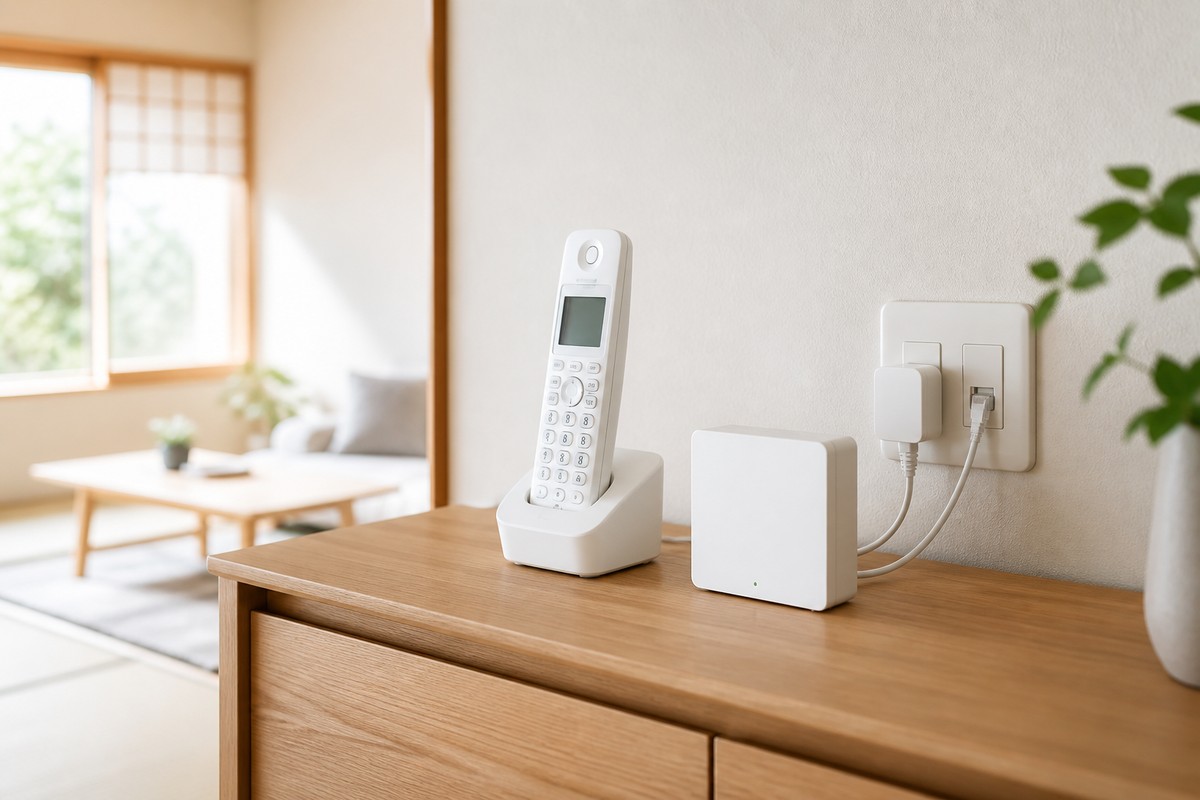 白い固定電話機と小さな通信アダプタを並べて設置した宅内機器の写真