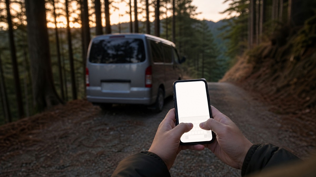 林道に停めた車の横でスマートフォンを操作する手元