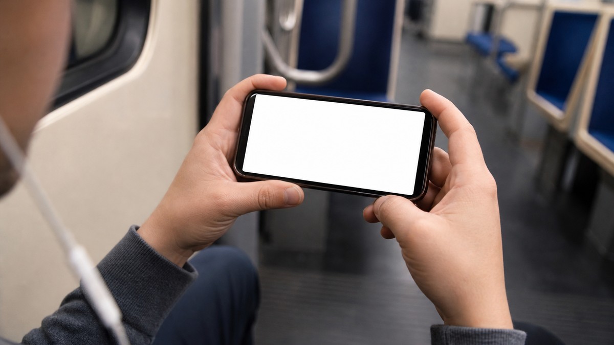 電車内でスマートフォンで動画を見る手元