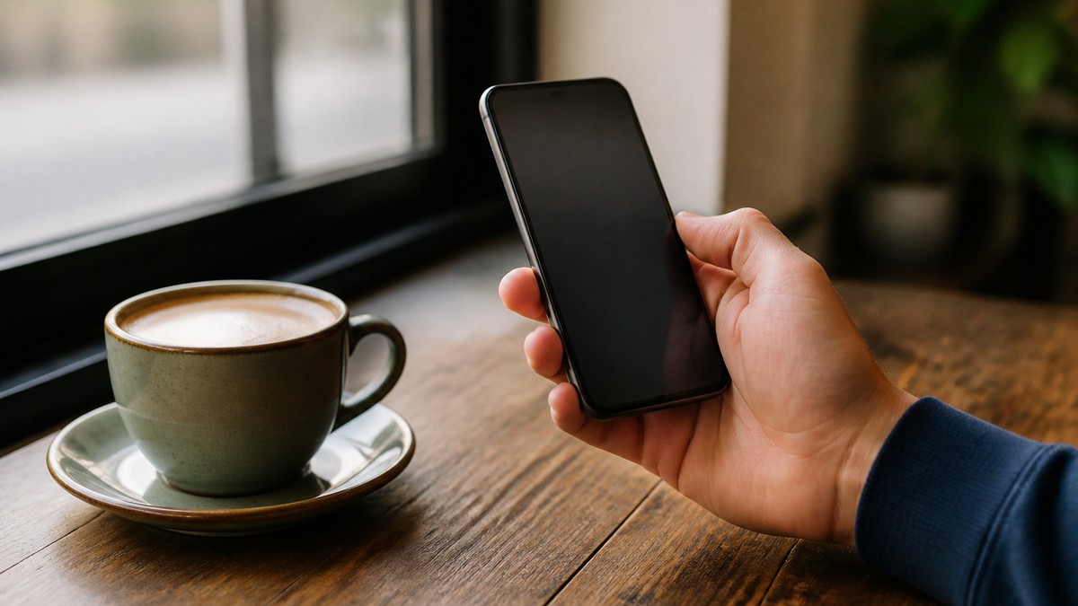 カフェのWi-Fiでスマートフォンを使う場面