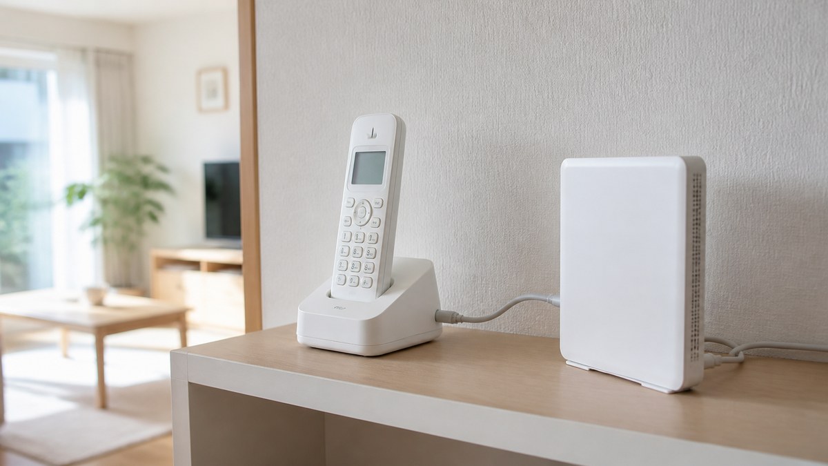 固定電話機とネットワーク機器がケーブルでつながっている様子