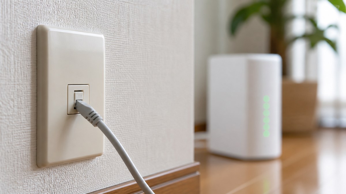 壁のモジュラージャックに挿さった電話線と奥に見える光回線機器