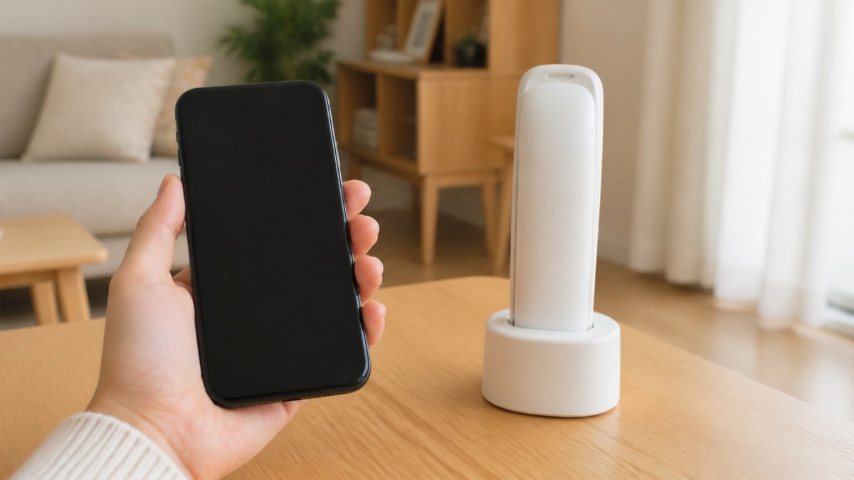 スマートフォンを手にしながら固定電話を見ている様子