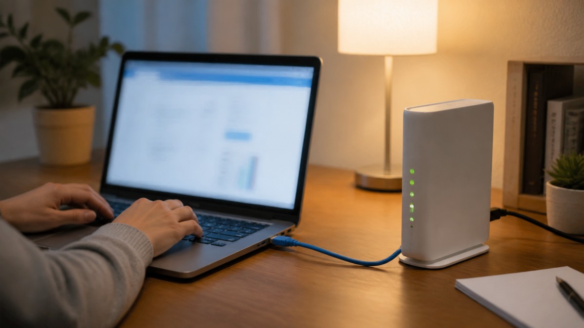 LANケーブルで有線接続したノートパソコンとWi-Fiルーターのある在宅ワークのデスク