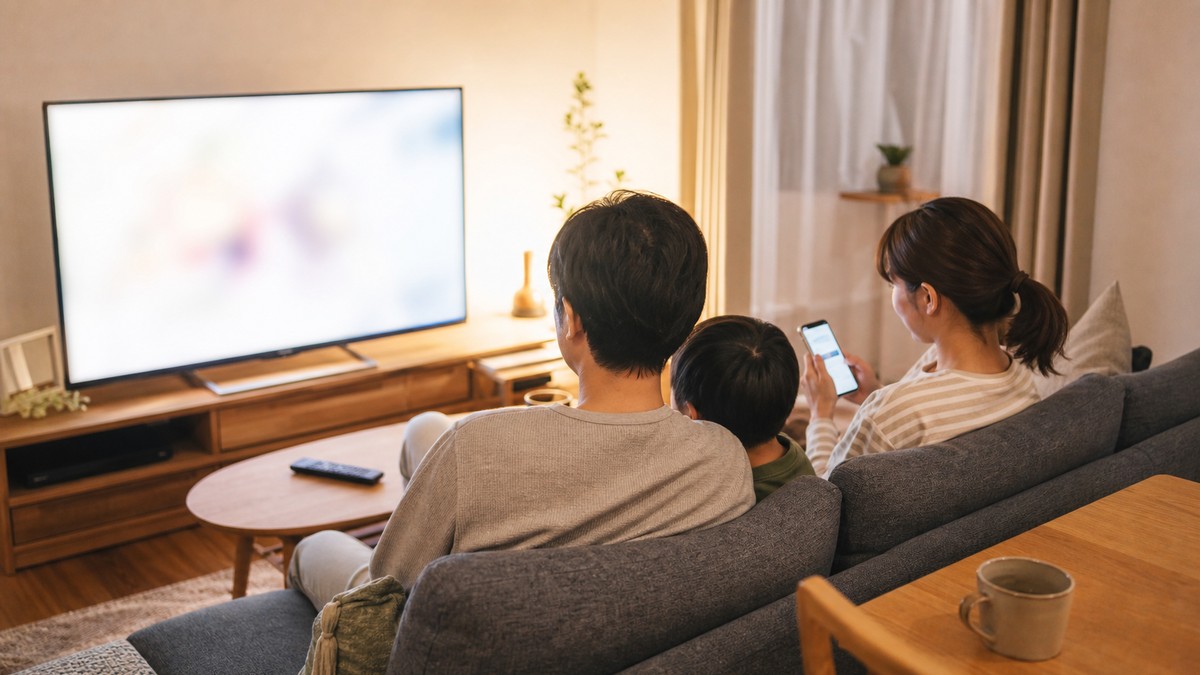 リビングでテレビとスマホを使ってくつろぐ家族