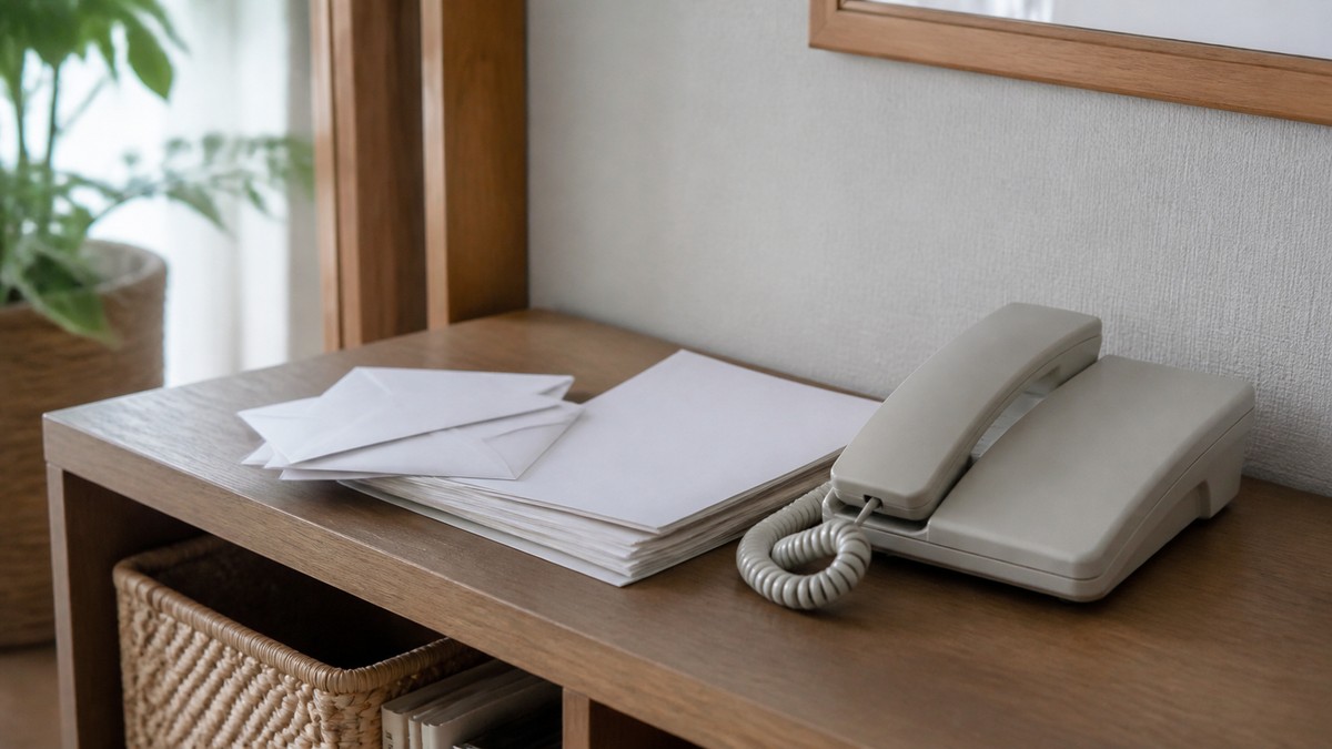 使われないまま置かれている家庭の固定電話機と請求書