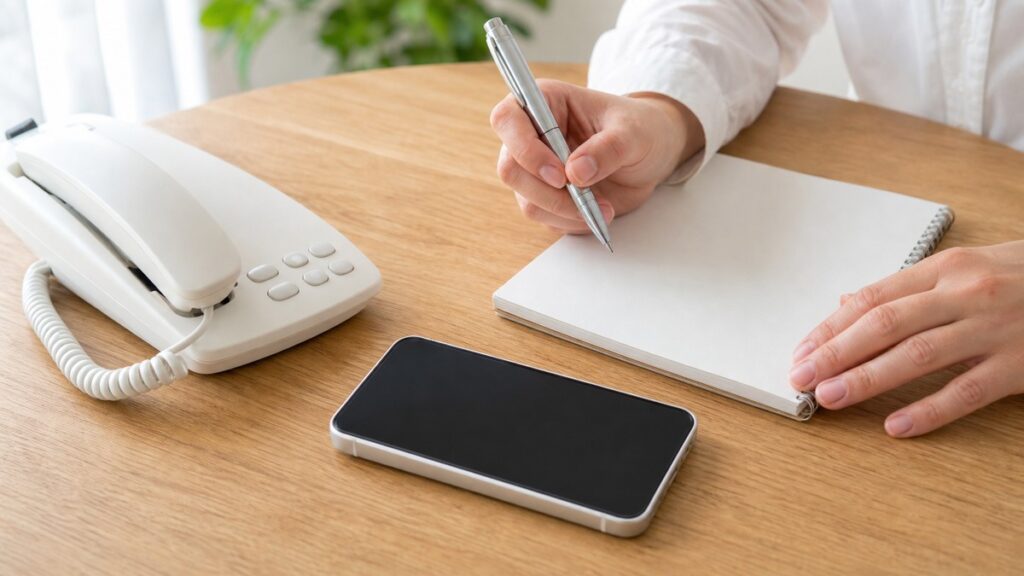 固定電話とスマートフォンを並べて番号の移行を検討している手元