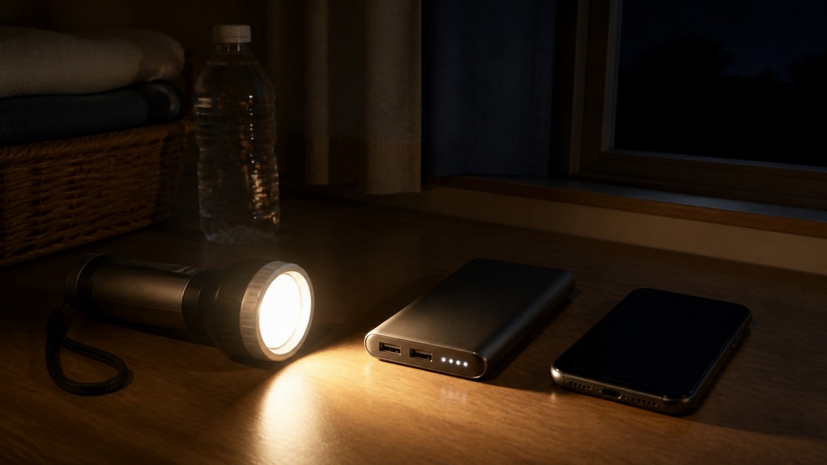 停電に備えて懐中電灯とモバイルバッテリーを用意した室内