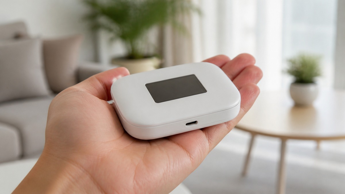 手のひらサイズのモバイルWi-Fiルーターを持つ手元