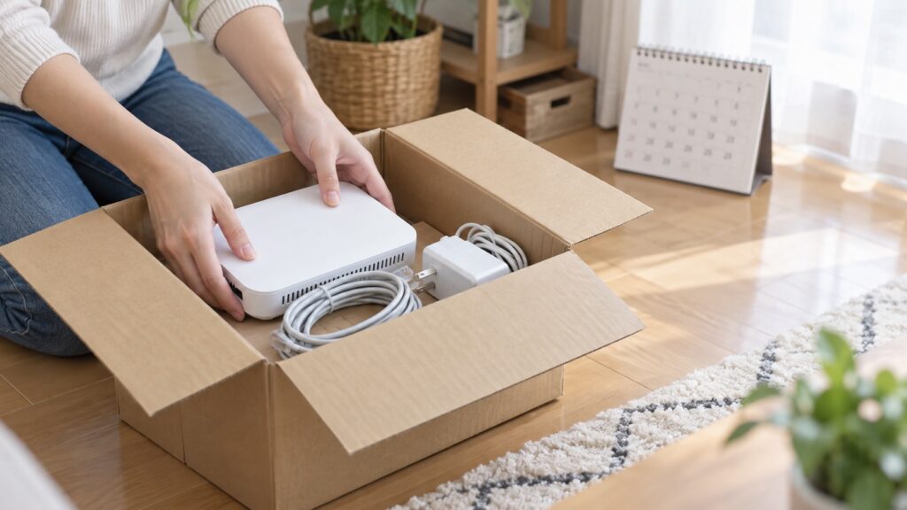 光回線の切り替えでレンタルルーターを返却用の箱にまとめる手元