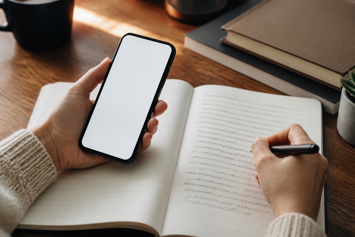 スマートフォンのスペックを手元でメモしながら比較する様子