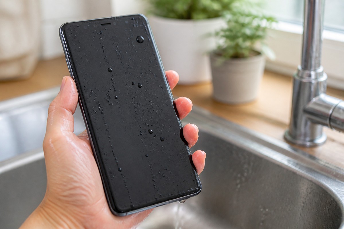 キッチンで水滴のついたスマートフォンを使う様子
