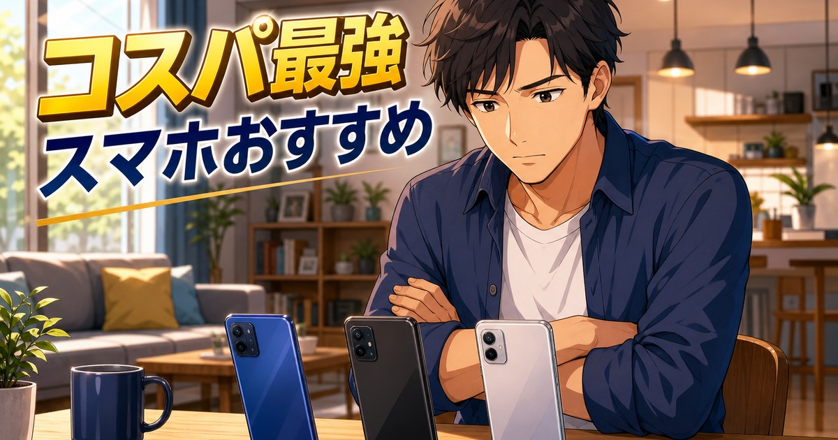 価格帯別に並んだスマートフォンを見比べる人のイラスト